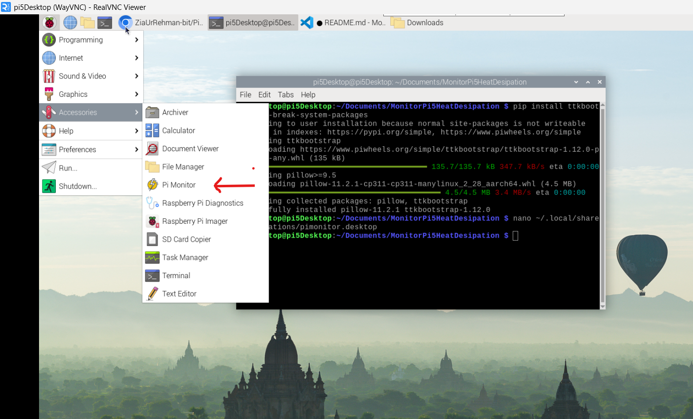 Pi Monitor showing installation and app menu entry on Raspberry Pi desktop